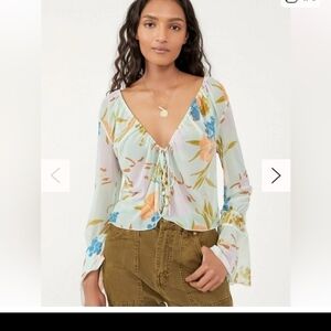 FP Movement by Free People Floral Tie-Front Blouse - Blue and Cream